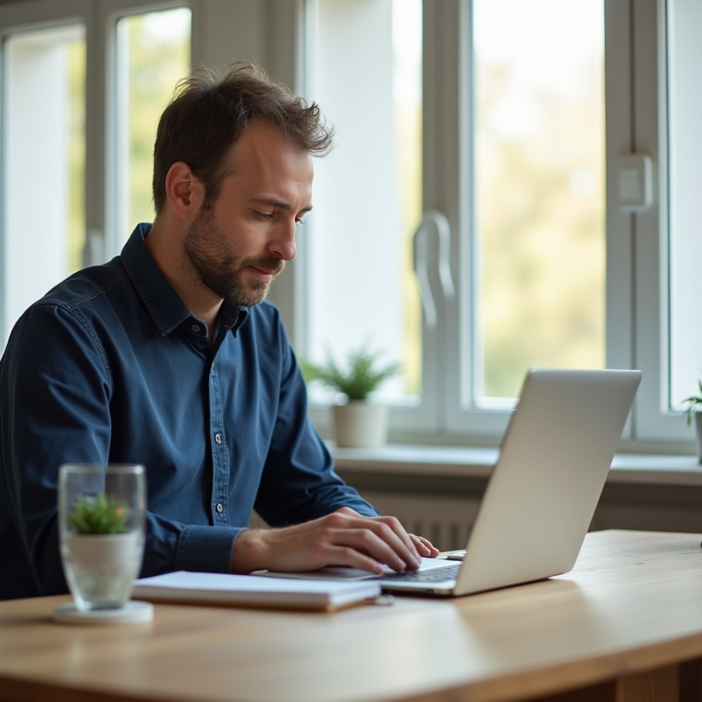 Calm and focused person doing a quick weekly financial check on a laptop