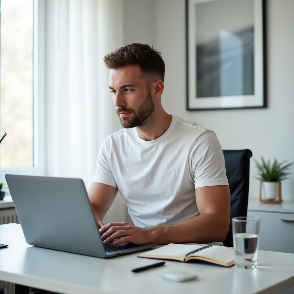 Person studying course material on a laptop with a notebook open beside them at a bright home desk