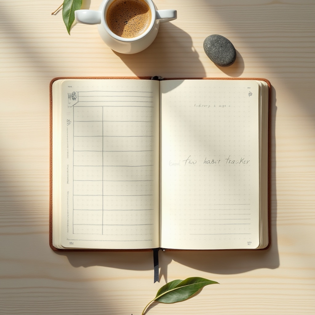 Open notebook with simple weekly habit tracker on a wooden desk beside a coffee cup