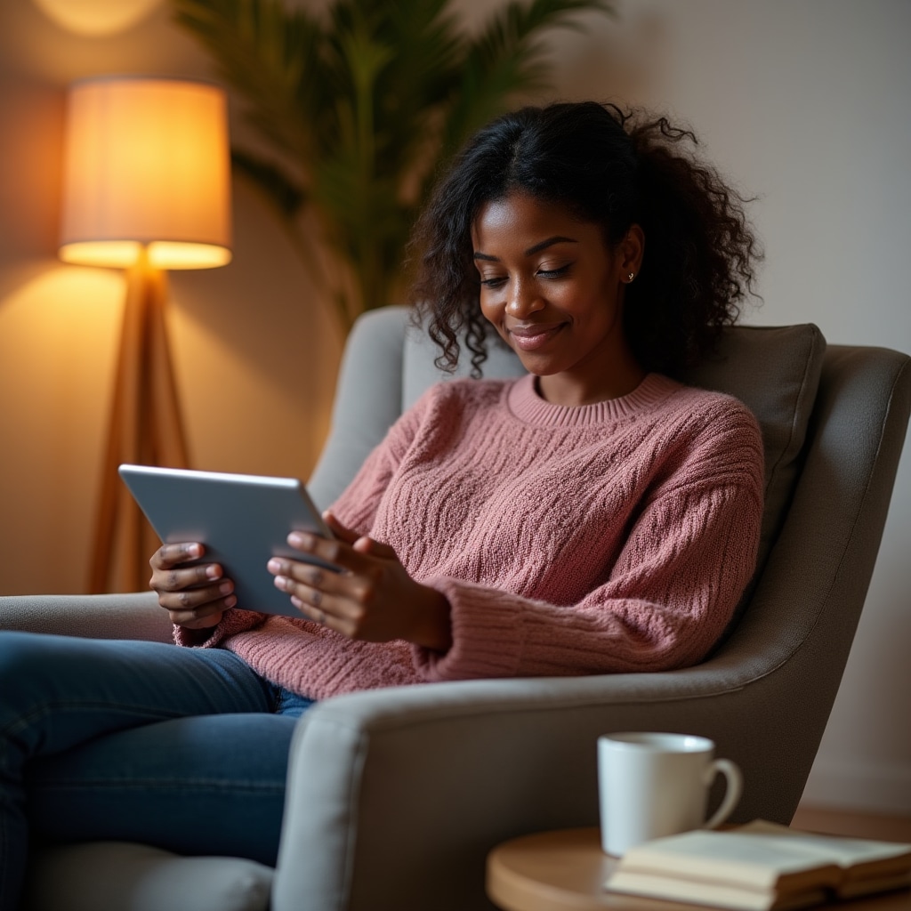 Woman sitting in a comfortable chair reviewing her finances on a tablet with a calm expression